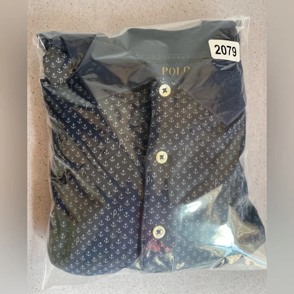 Polo Ralph Lauren Shirt Men Polo 2XLT Blue Anchor Allover Print Nautical Preppy‎